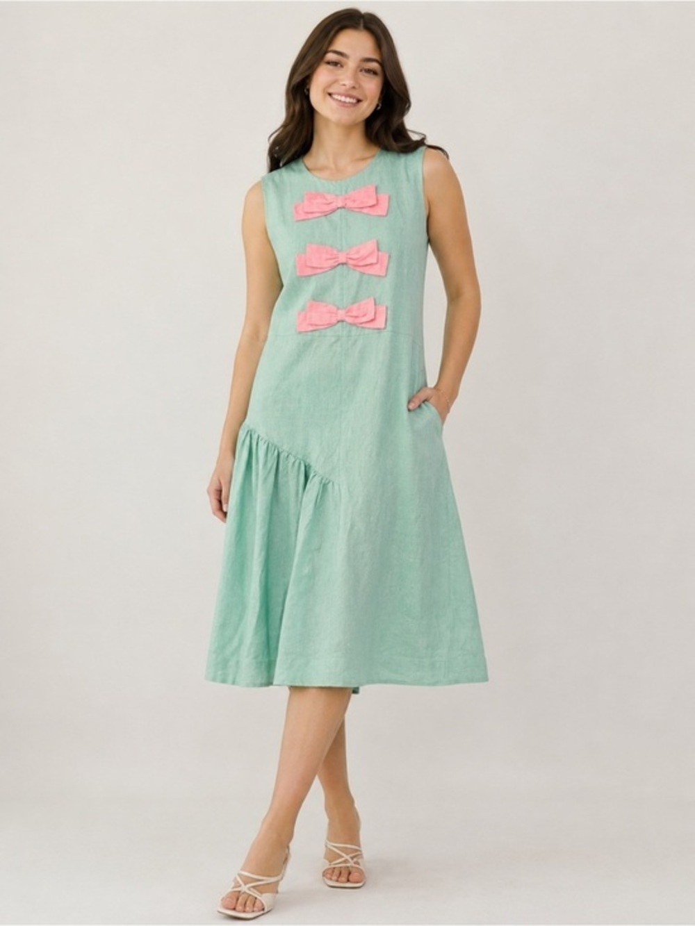 NWOT Udel New York Linen Sleeveless Mint Midi Dress with Pink Bow Details size M